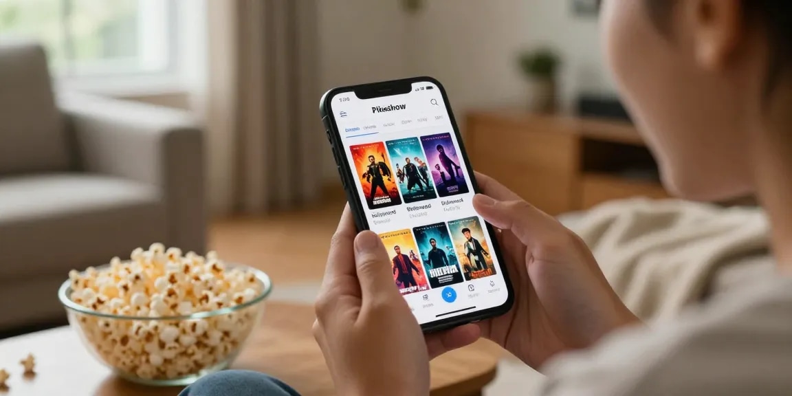 Pikashow APK download displayed on a smartphone in an inviting living room, showcasing diverse movies and vibrant visual content for streaming.