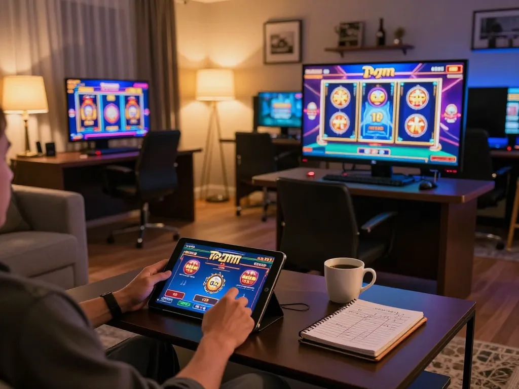 Player strategizing winnings at 3win online casino on a tablet in a cozy living room