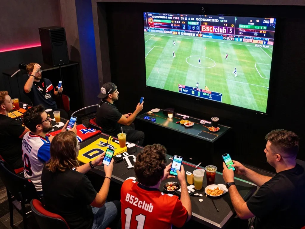 Bettors celebrating a win at B52club's live sports betting event, showcasing excitement and engagement.