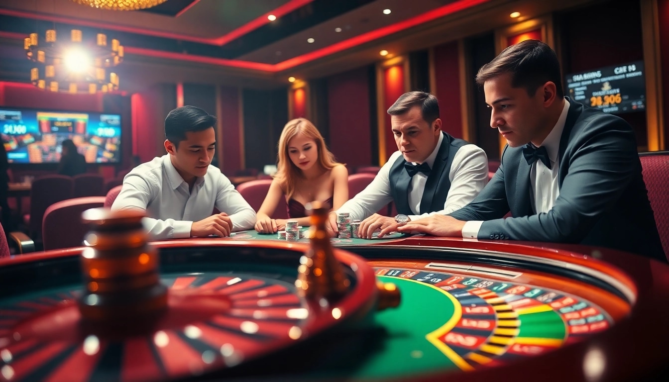 Players engaging in thrilling rr99 bet at a luxury casino table surrounded by poker chips and a roulette wheel.