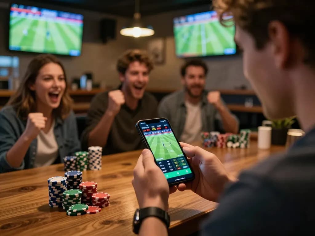 Bet on 789BET in a lively sports bar while friends cheer on a football match.