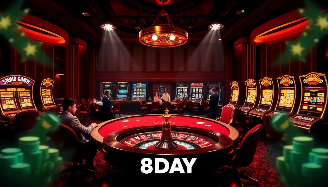 8DAY casino excitement with poker, roulette, and vibrant slot machines