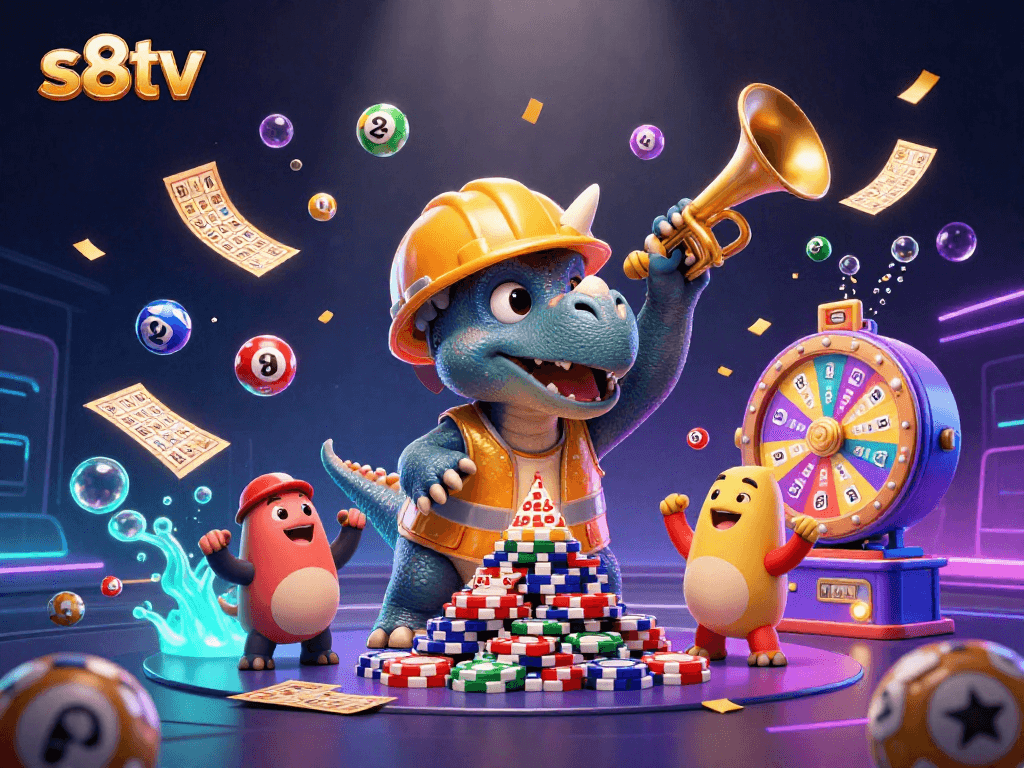s8tv celebrates with a triceratops building poker chips amid vibrant lottery excitement.