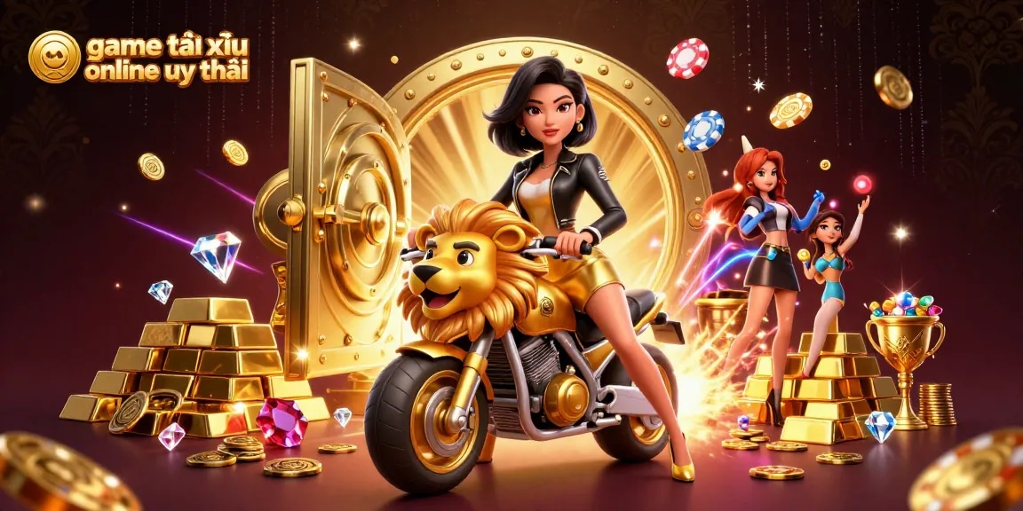 Experience excitement with game tài xỉu online uy tín as a woman rides a golden lion mascot surrounded by treasures.