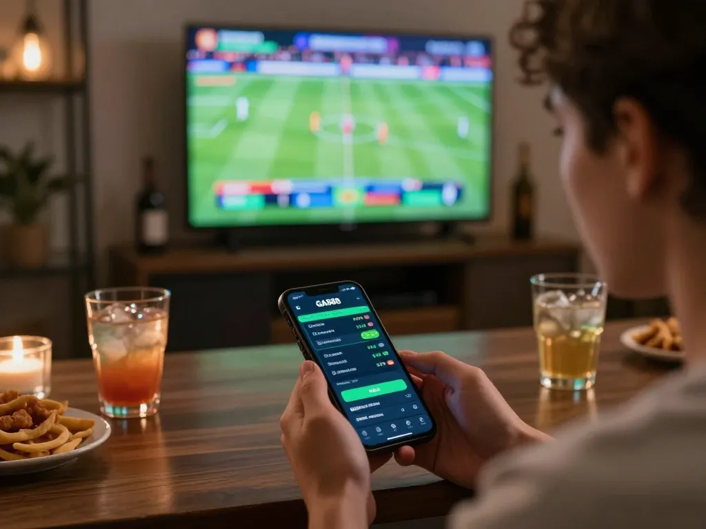 Engaged user placing sports bets through GA888 app while watching live events on TV.
