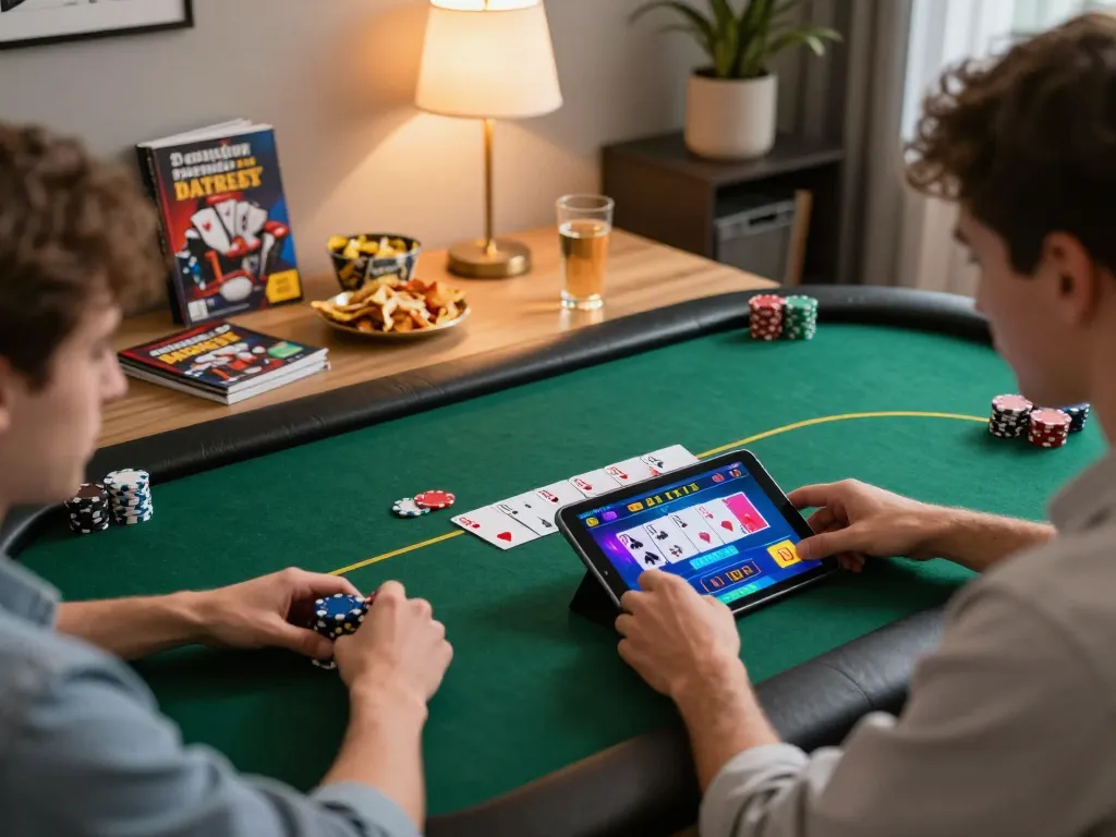 Player enjoying Vmax ok online poker game on tablet with strategic notes and snacks in cozy setting