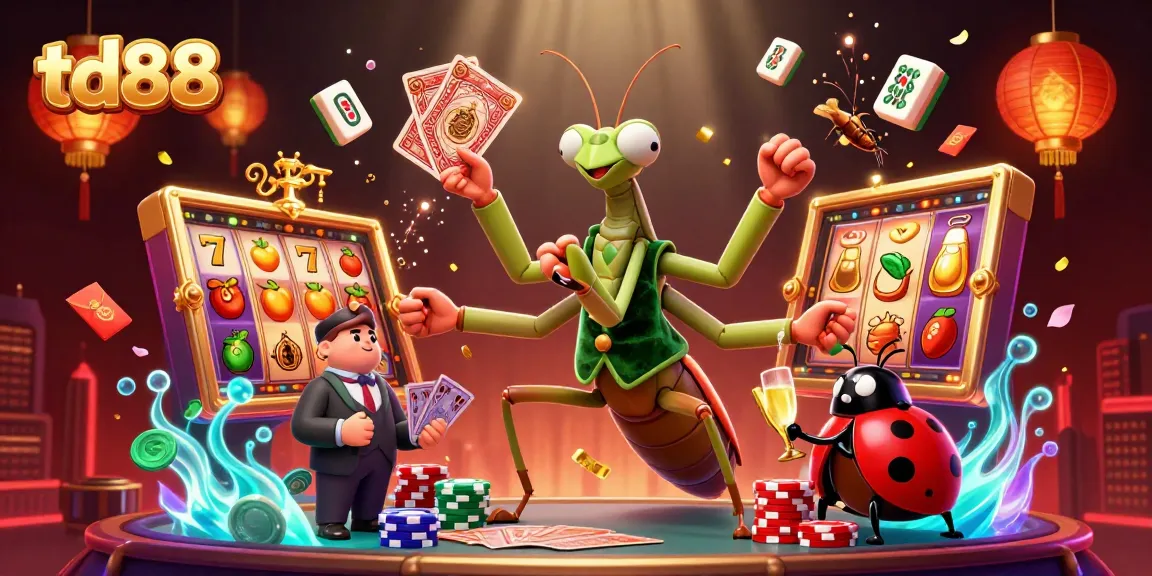 Experience thrilling gameplay at td88 with a giant praying mantis dealer, vibrant slot reels, and festive decor.