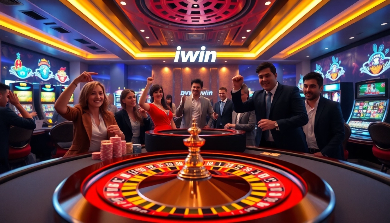 Iwin đổi thưởng with enthusiastic players at a lavish casino poker table, showcasing vibrant gaming excitement.