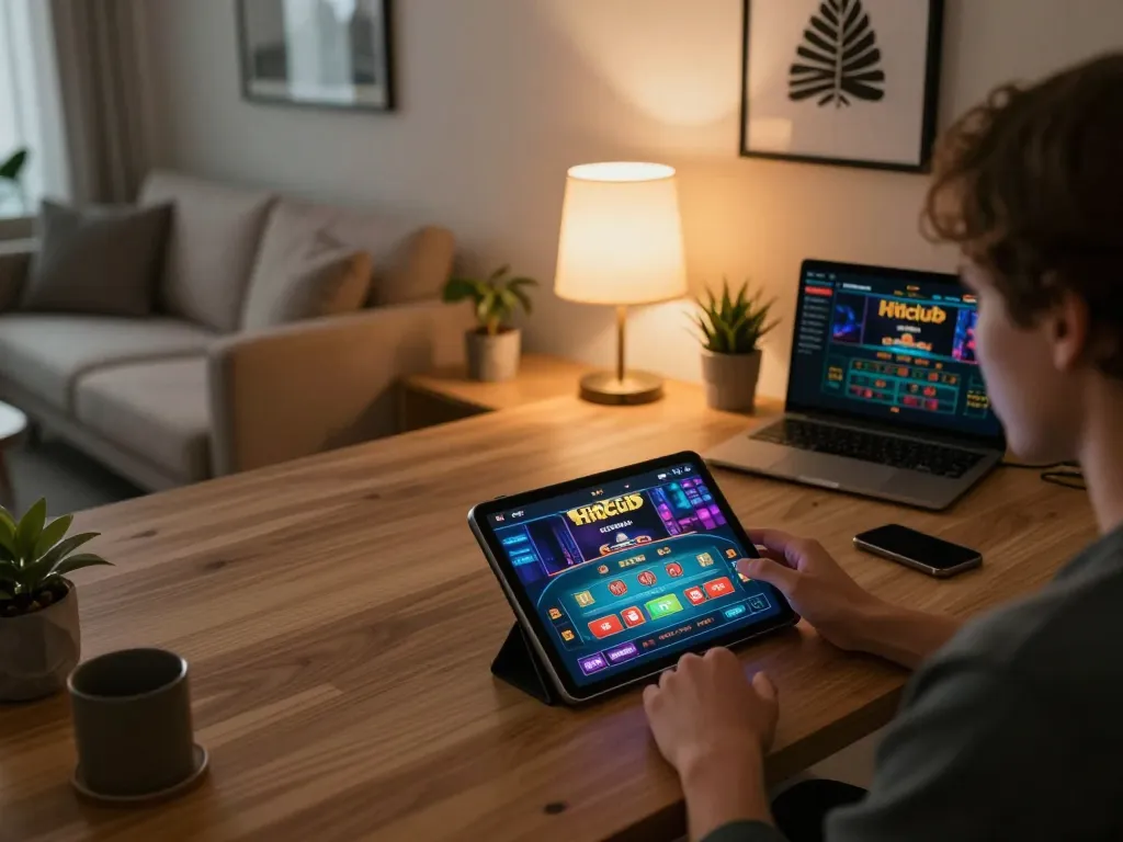 Engaging with Hitclub's online gaming platform on a tablet in a cozy home setting