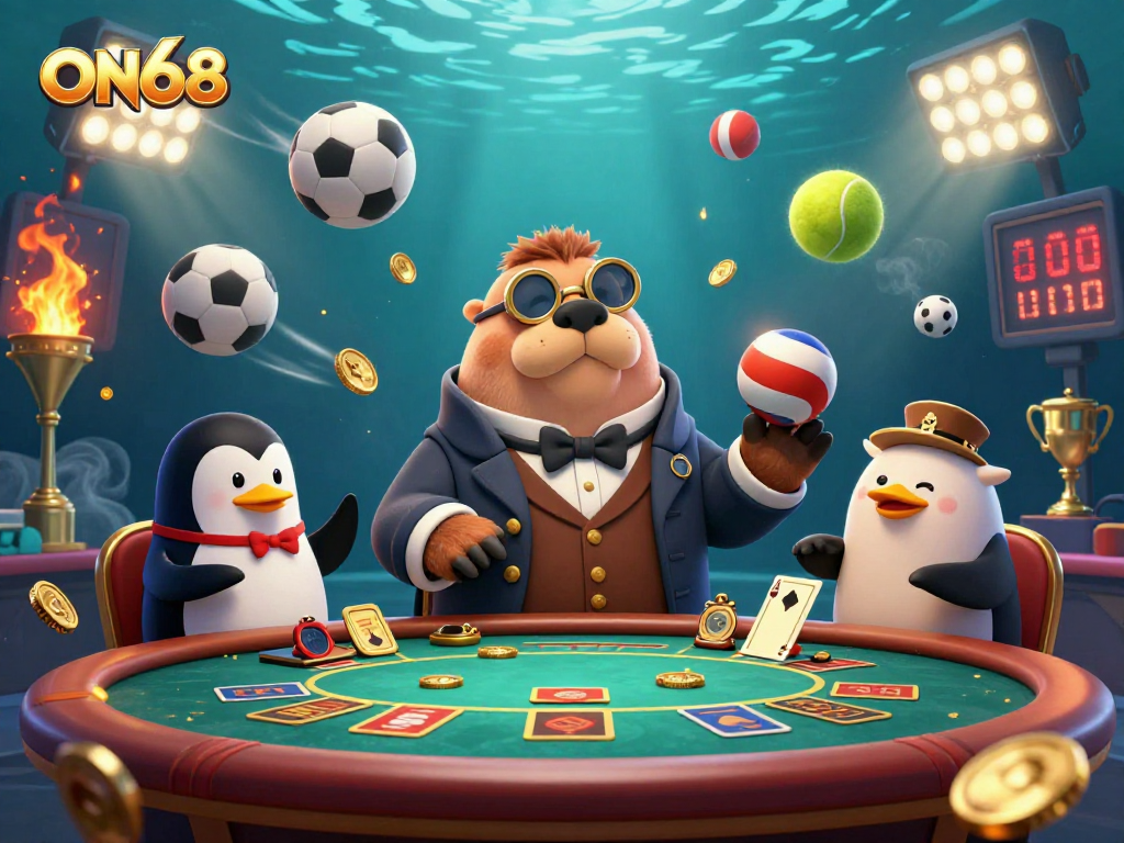 Engage with ON68's thrilling underwater poker table featuring a walrus, penguin dealer, and pufferfish bluffing.