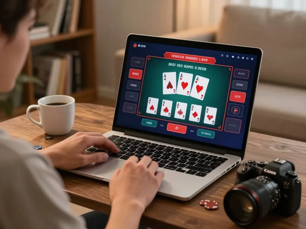 FLY88 engaging online blackjack session in a cozy living room with a vibrant card interface.