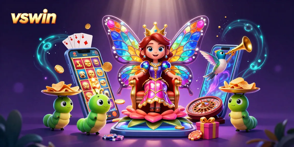 Spin the vibrant reels with vswin's captivating casino scene featuring a butterfly queen and vibrant game elements.