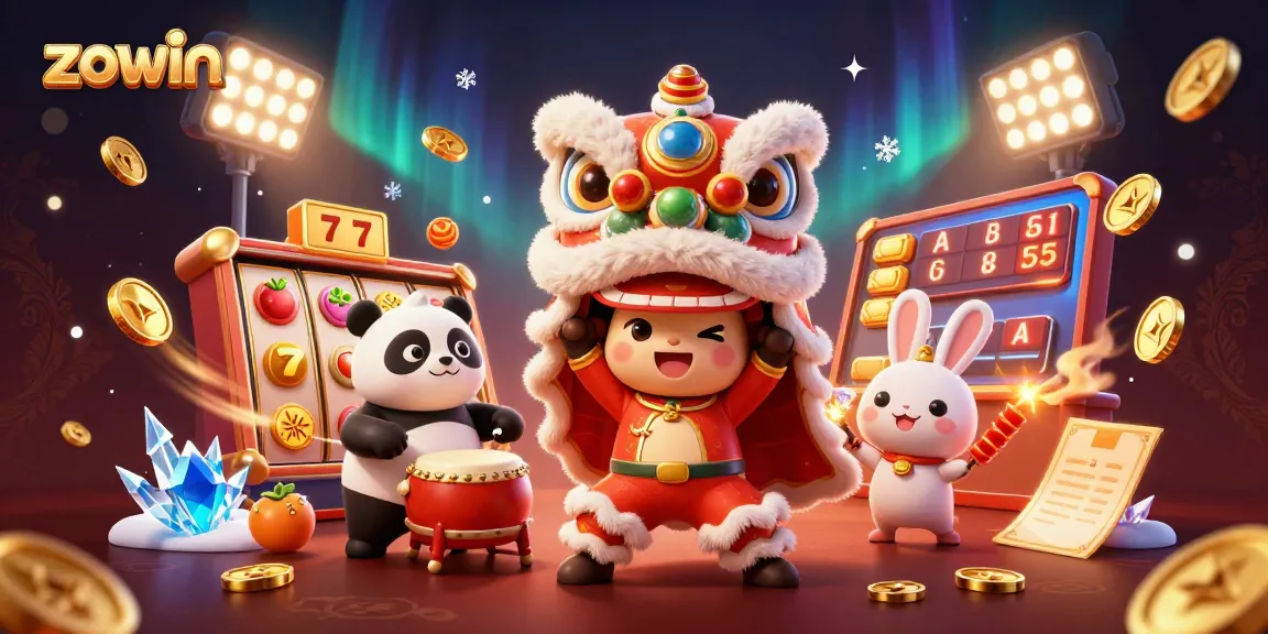 Zowin casino illustration with lively characters, slot elements, and festive decorations for gambling enthusiasts.