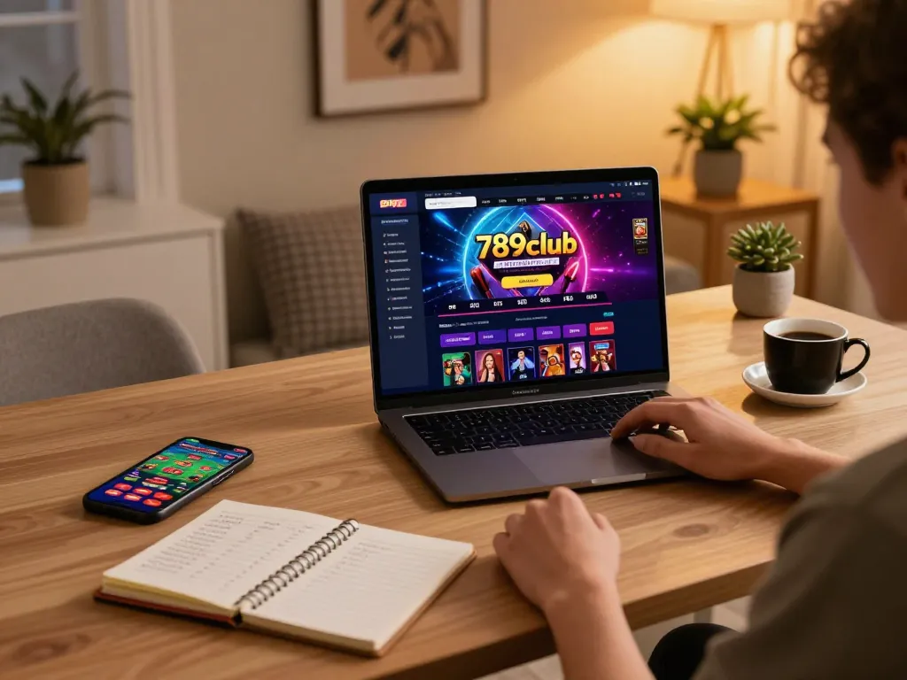 Engaging online gaming scene at 789club with player strategizing on a laptop, promoting responsible gambling.