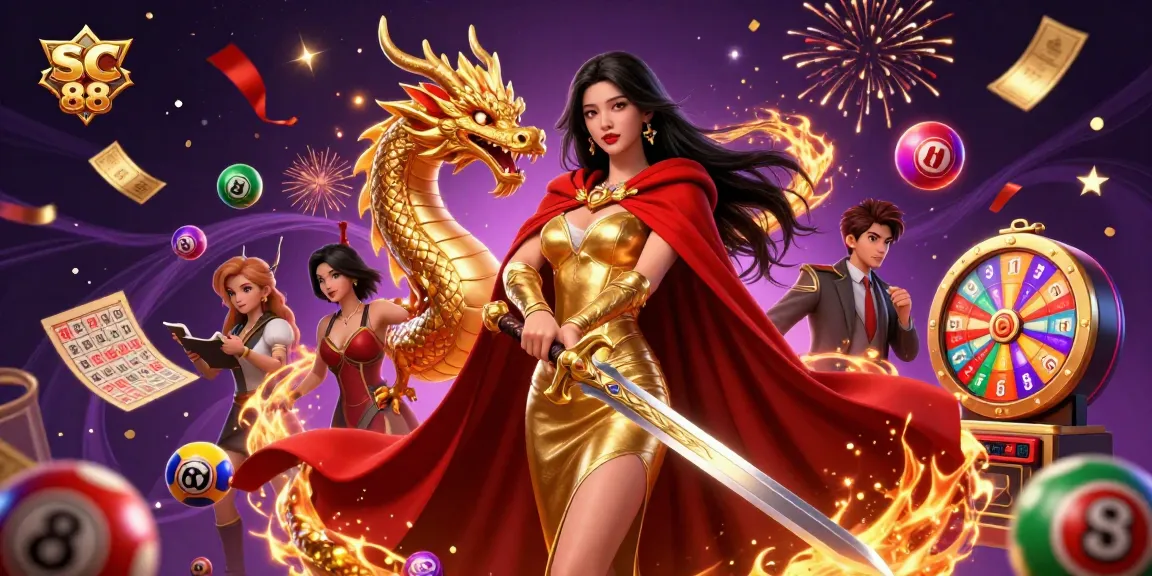 Engage with exciting SC 88 casino elements, featuring a stunning warrior queen in a vibrant scene.
