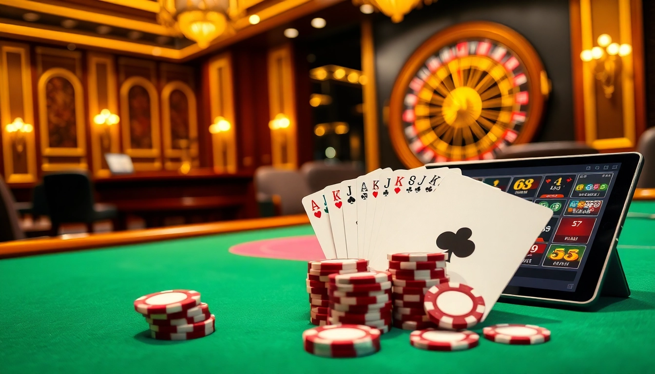 A vibrant scene showcasing the excitement of 68 Game Bài with poker chips and cards on a luxurious casino table.