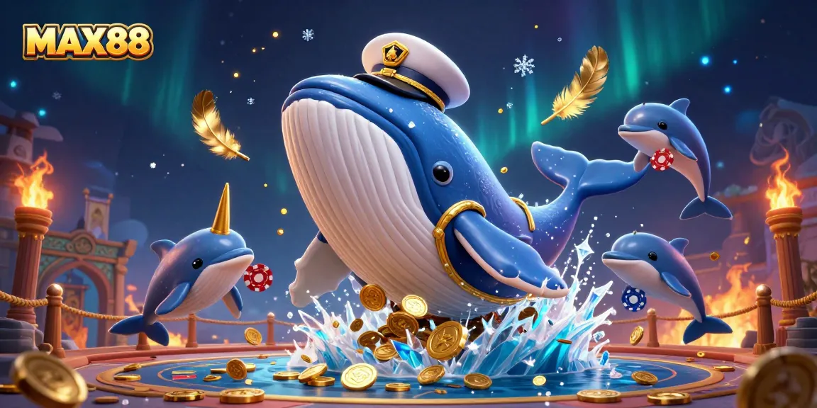Join the excitement at MAX88 with a vibrant 3D scene of gaming champions and treasures bursting from the sea.