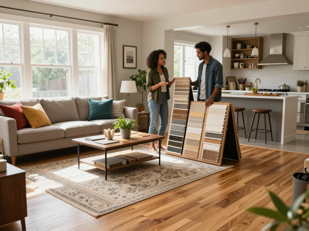 Couple discussing their options with flooring specialists near me while evaluating hardwood and laminate samples in a cozy living room.