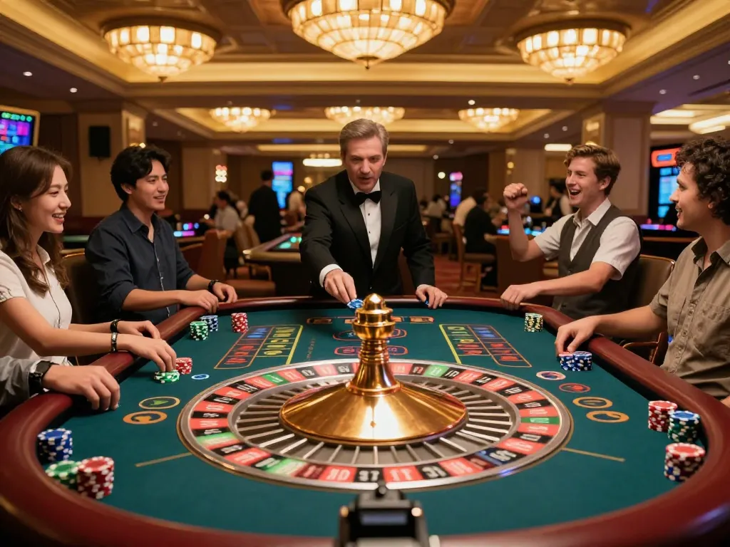Players engaging in a lively roulette game at rr 88 casino, colorful bets and dealer in motion