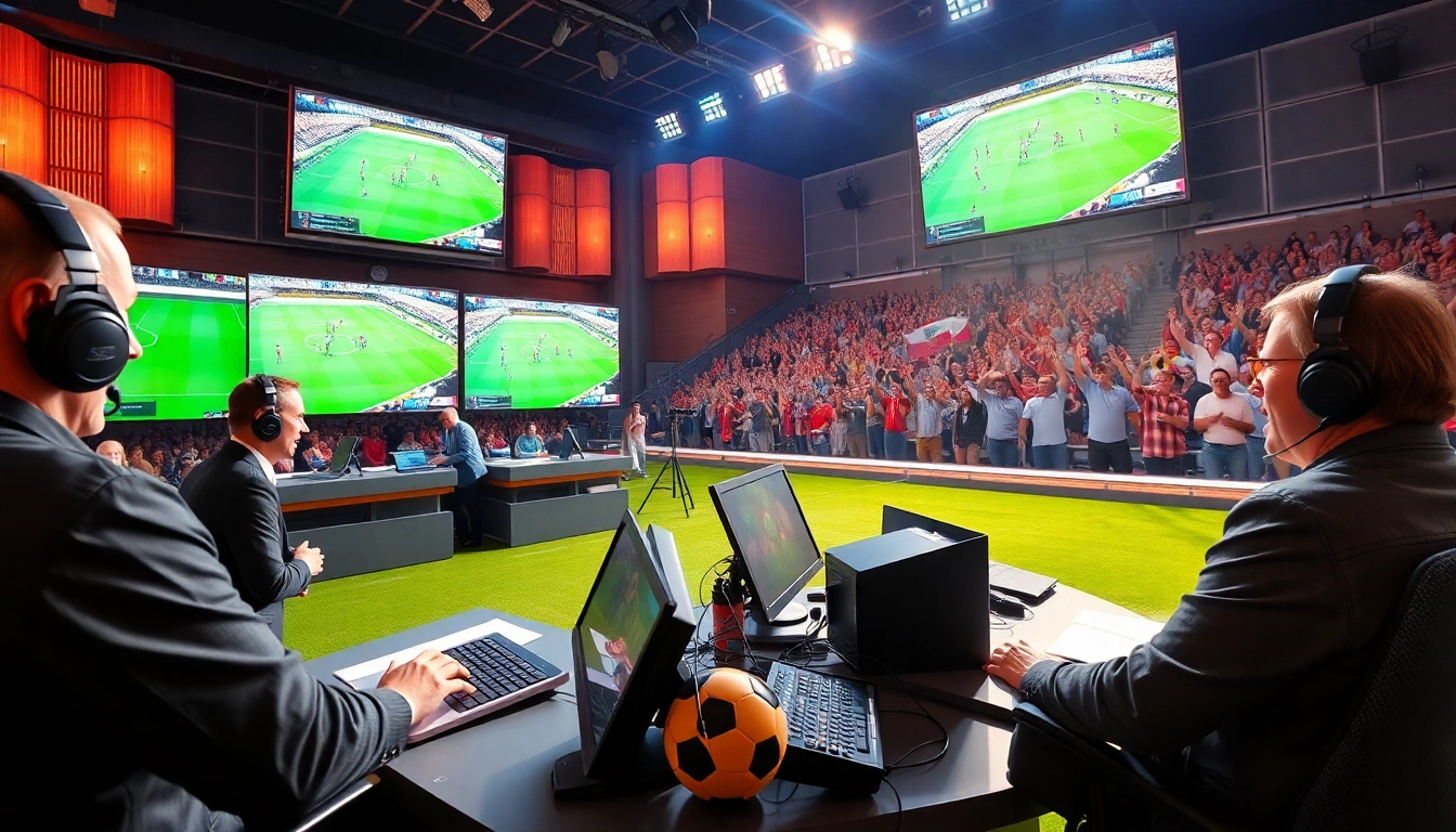Xem bóng đá hôm nay live broadcast scene with passionate commentators and vibrant football action.