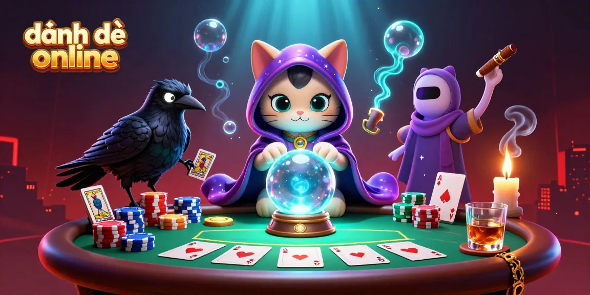 Engage in đánh đề online with a mystical cat fortune teller and a tarot raven amidst vibrant gambling scenes.