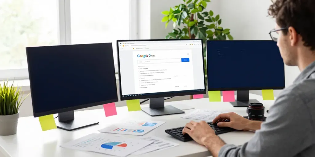 SEO specialist analyzing instant indexing metrics in a vibrant workspace.