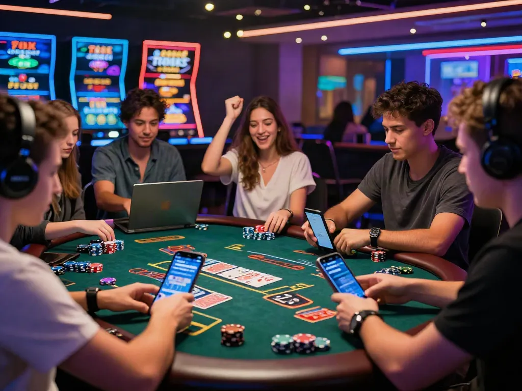 Players enjoying their experience at credit card casinos with laptops, chips, and vibrant lights
