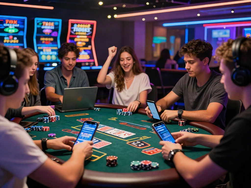 Players enjoying their experience at credit card casinos with laptops, chips, and vibrant lights