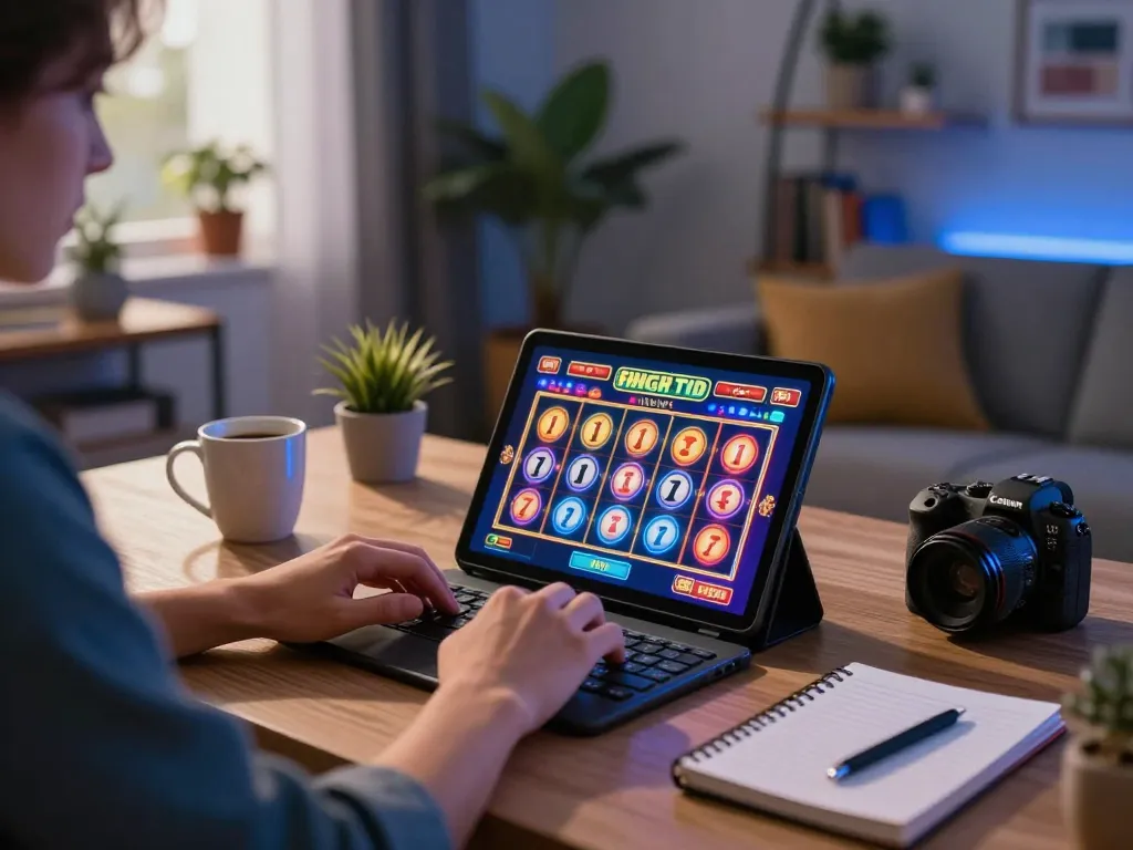 Pucuk138 player enjoying online slot games on a tablet at home, creating an immersive gaming atmosphere.