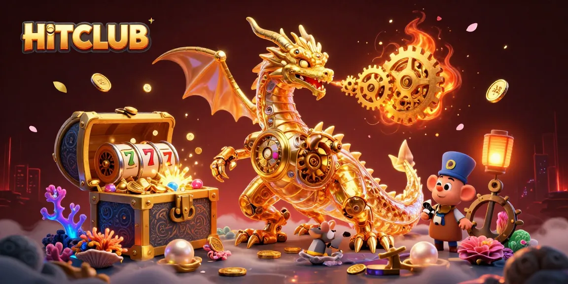 Experience thrilling gameplay at HITCLUB with vibrant casino elements, slot reels, and golden treasures.