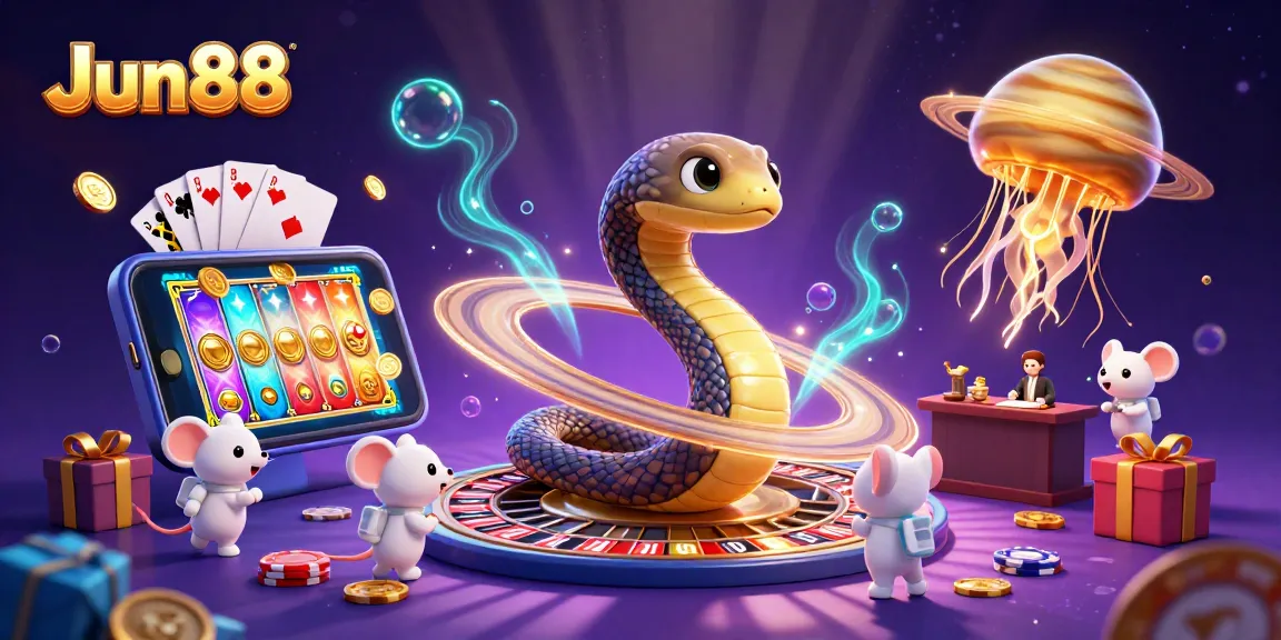 Experience the excitement of Jun88 with astronaut mice betting on cosmic roulette surrounded by slot games.