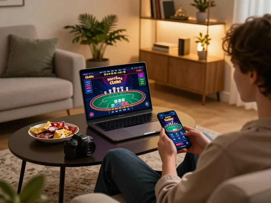 Engaging gameplay on hitclub casino app with a cozy home setting and strategic atmosphere