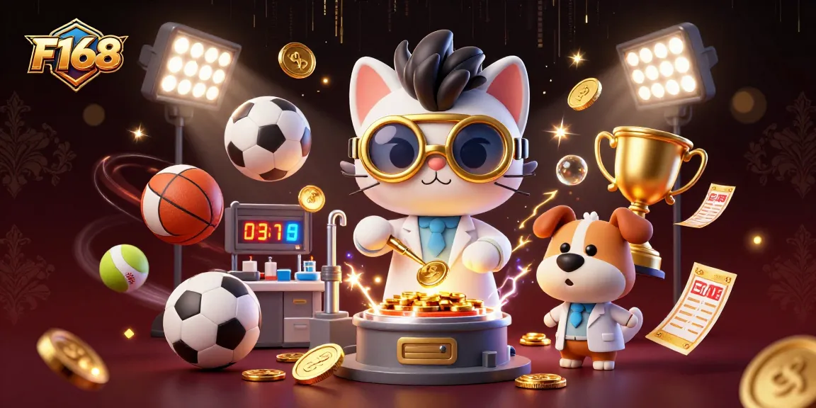 F168 cat and dog scientists engaging in casino-themed sports betting amidst gold coins and vibrant game elements.