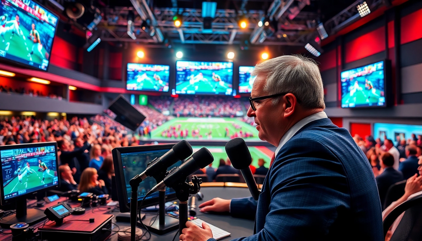 Captivating scene of sports broadcasting, featuring a dynamic announcer in action.