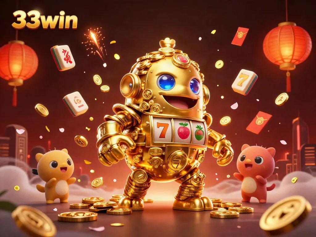 Experience the thrilling world of slots with 33win's golden golem, vibrant canopies, and energy-laden scenery.