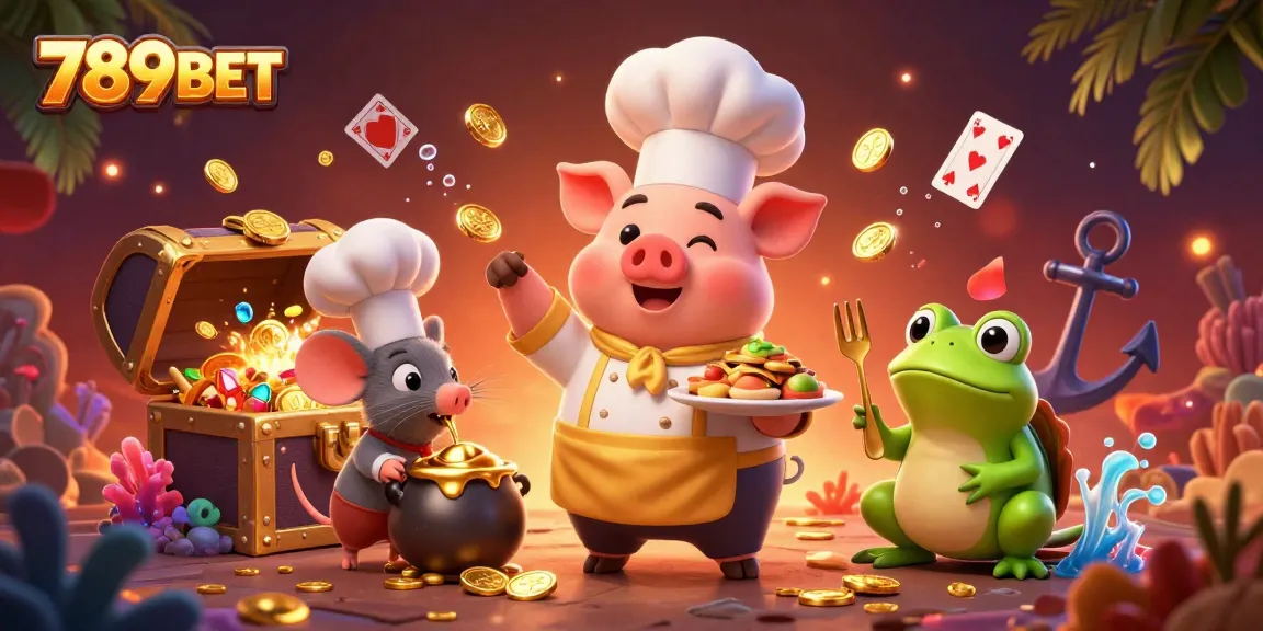 Join the excitement at 789BET with cartoon characters celebrating casino wins amidst gold coins and glowing gems.