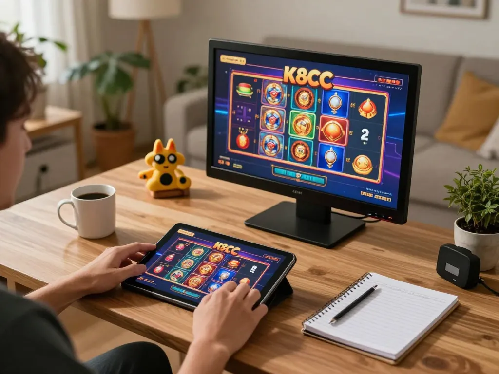 K8CC player enjoying engaging online slots on a tablet in a cozy home setting