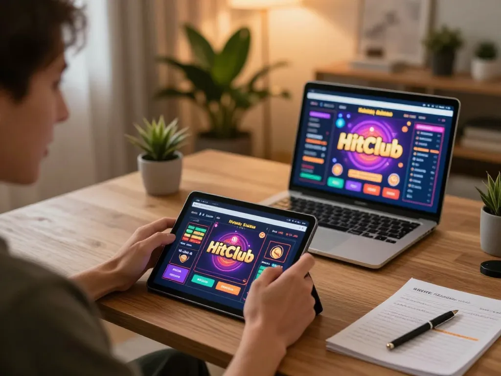 Engaged player enjoying Hitclub online gaming on a tablet in a cozy home office