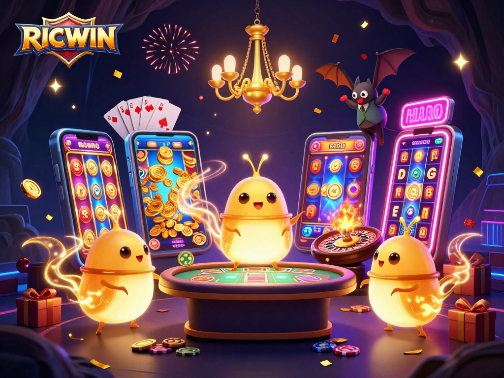 Win big with RICWIN in this vibrant, captivating casino scene featuring glowworms and exciting games.