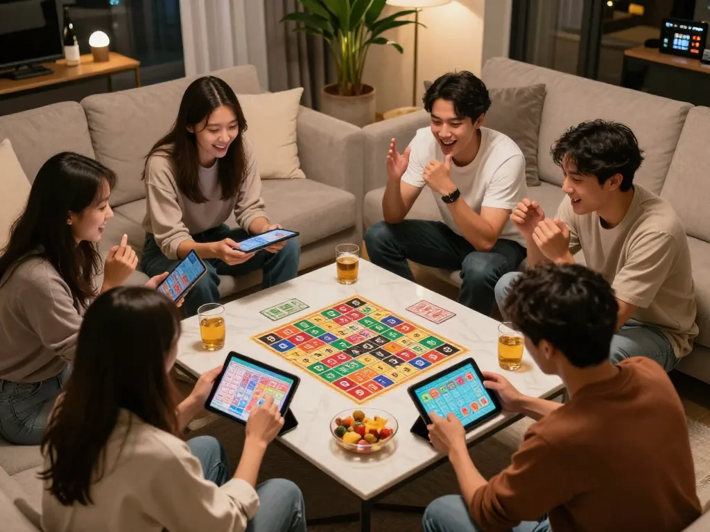 Friends enjoying an engaging 9 Lotto 4D game night with results on tablets, cozy living room atmosphere.