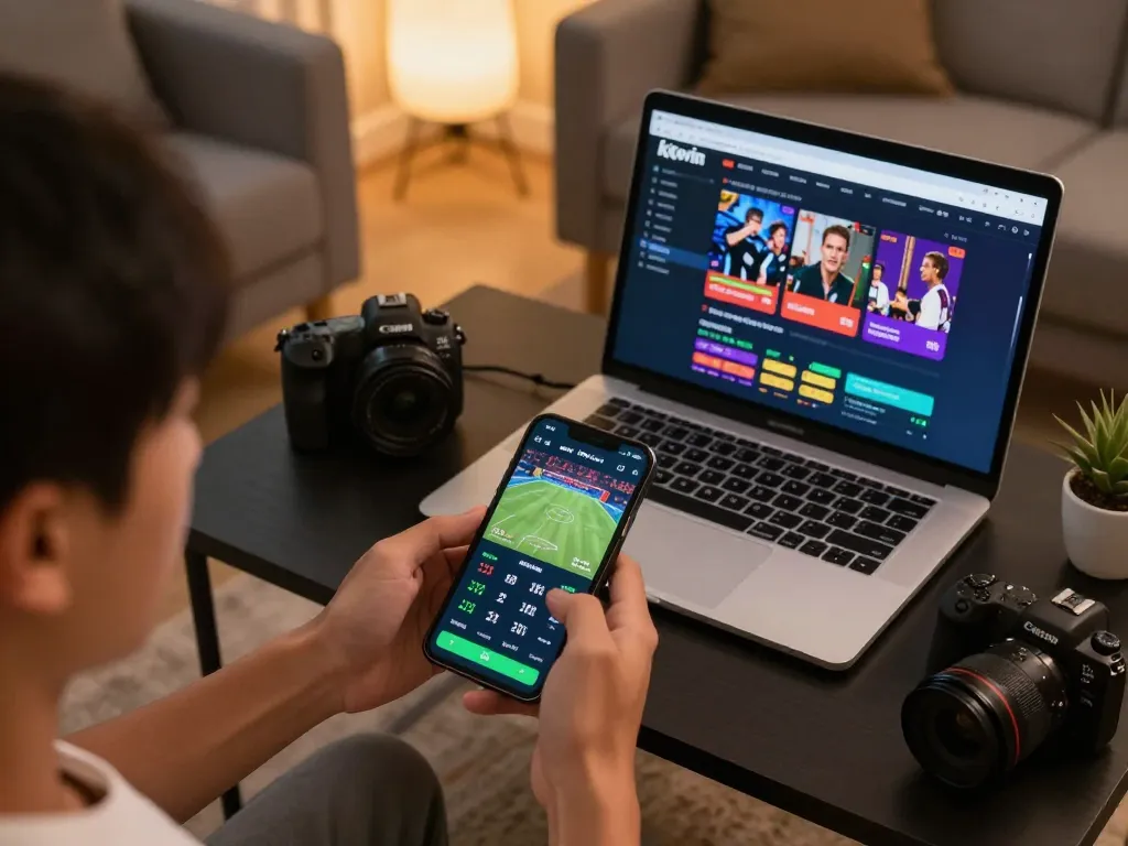 Player using mobile app for kkwin sports betting in a cozy living room setting, showcasing strategic gameplay.