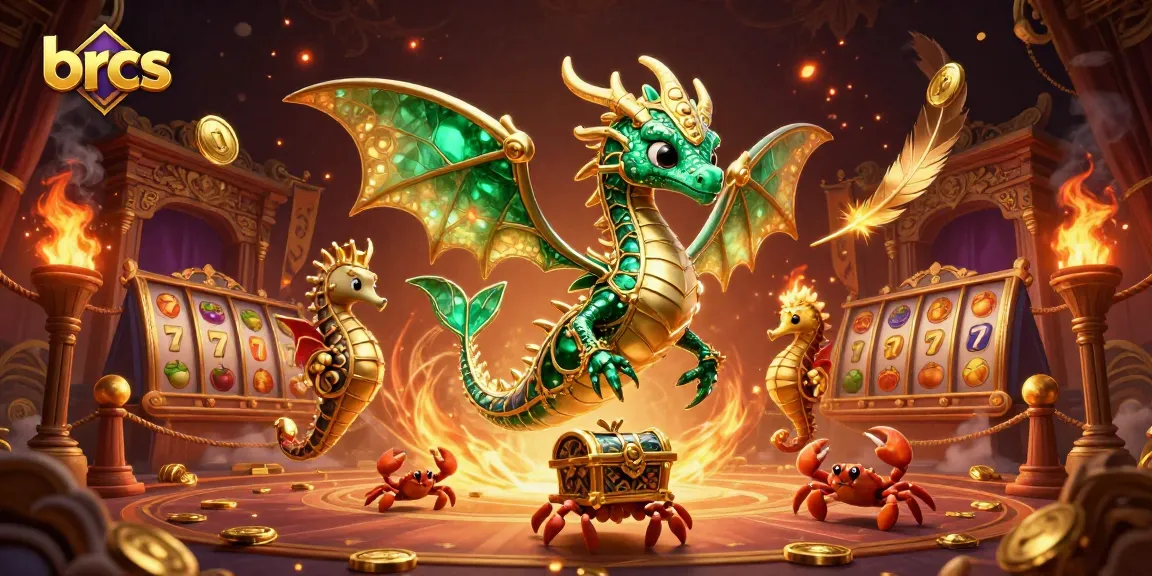 Engaging depiction of brcs credit card casinos with a vibrant sea dragon, slot reels and treasure chests.