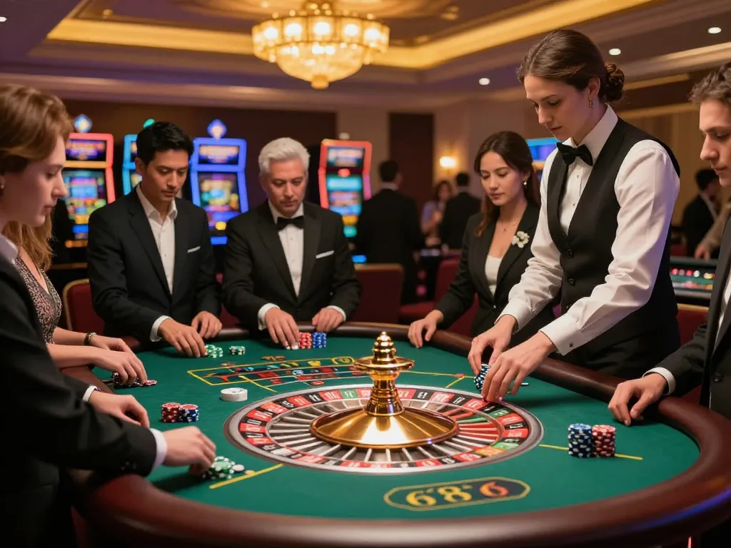 Roulette table action at 68wingame, players engaged and croupier spinning wheel in lively casino.