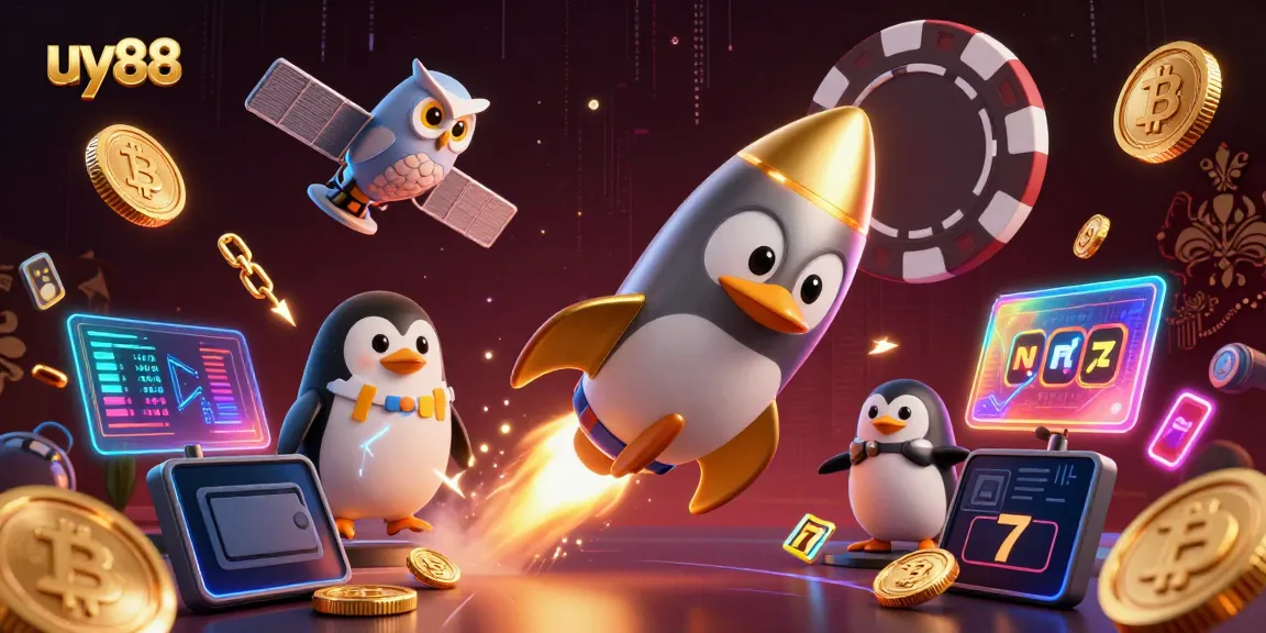 Experience the thrilling world of uy88 with a golden penguin and crypto-themed casino scene