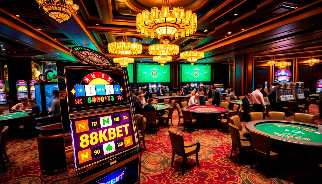 Nổ hũ 8KBET slot machine in a luxurious casino setting filled with excitement and vibrant colors.