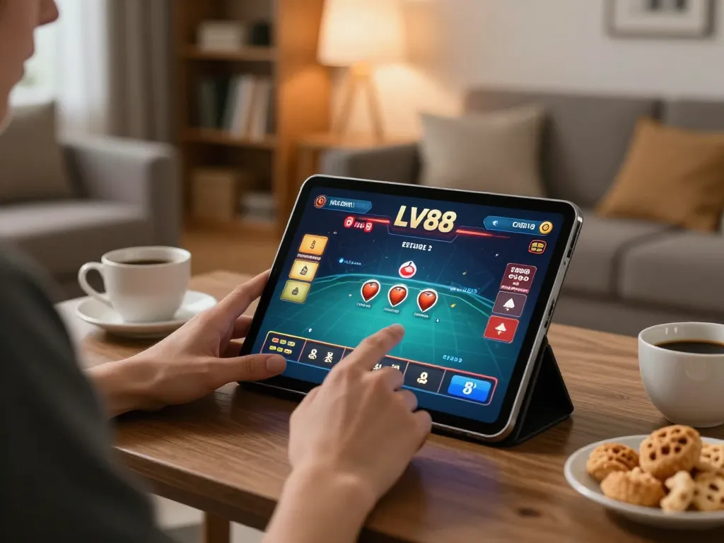 Engaging in a poker game via LV88 com in a comfortable home setting with warm lighting.
