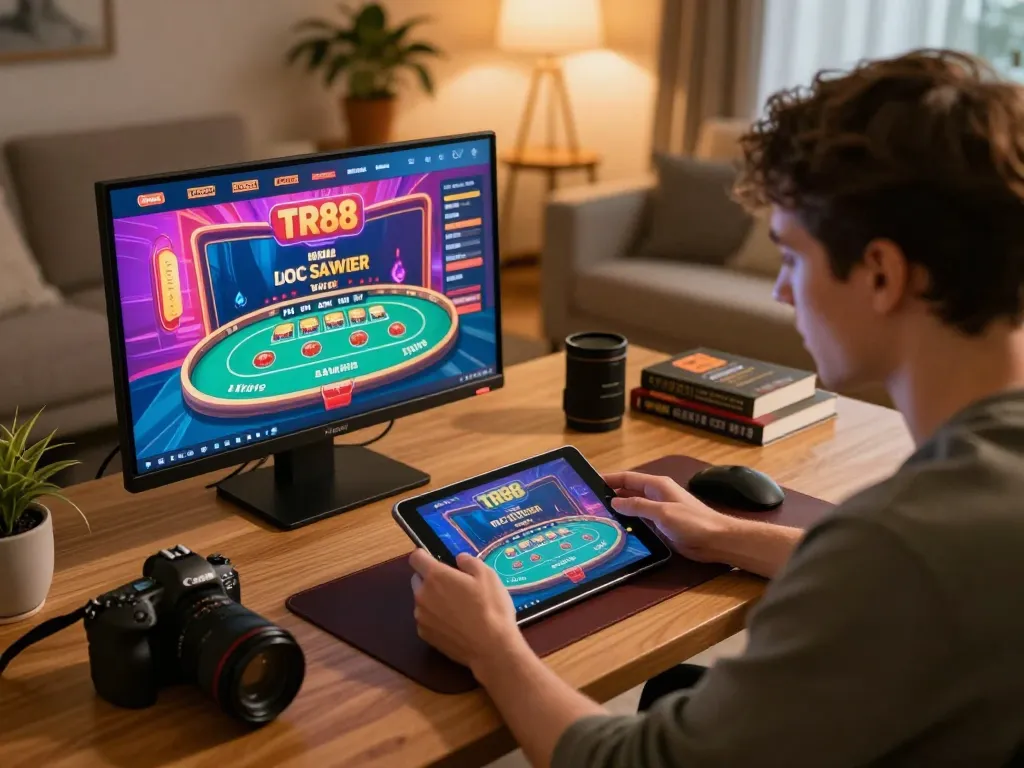 Player enjoying engaging online casino experience on TR88 platform at home with warm ambiance