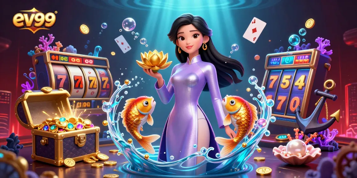 Experience thrilling gameplay at ev99 with vibrant casino elements like slot reels and golden koi fish.