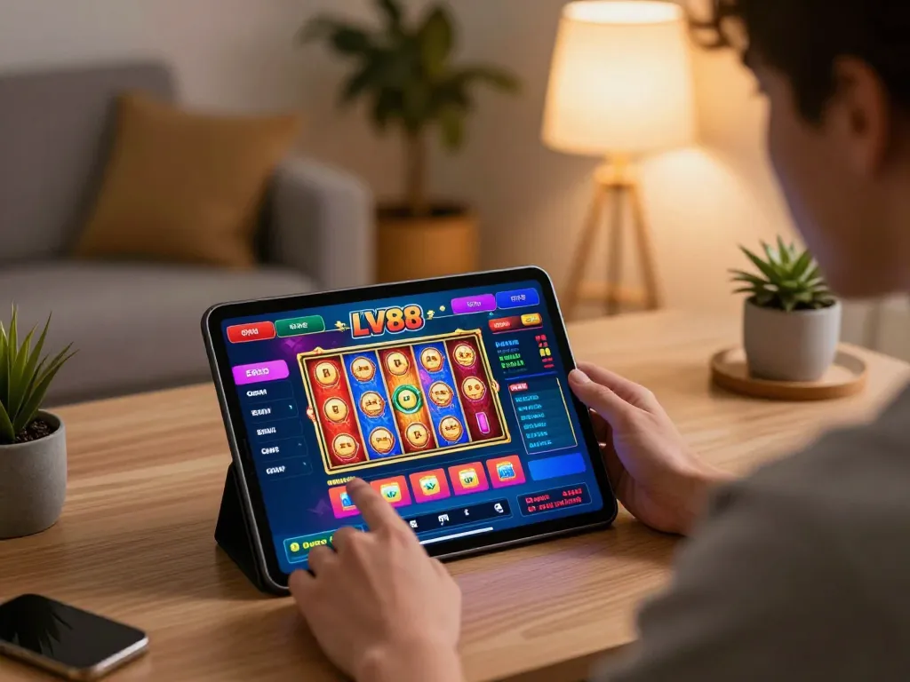 Engaging online gaming session on the LV88 app with colorful slot displays and sports betting