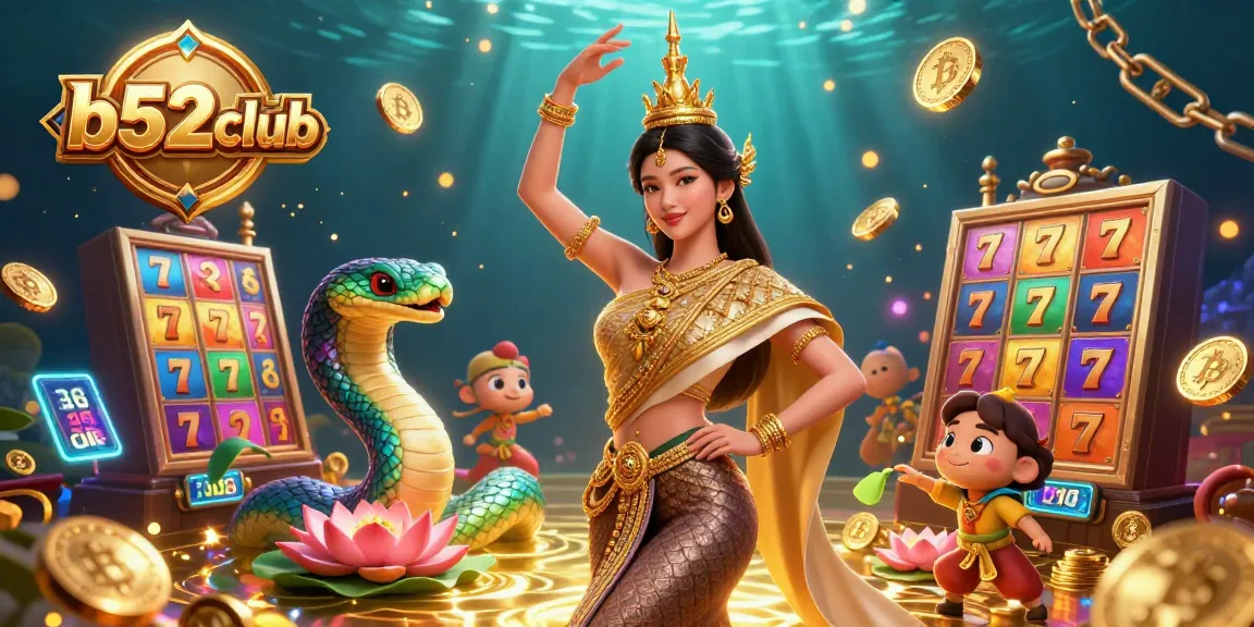 b52club enhances your slot gaming experience with a Thai dancer and shimmering reels amid colorful Naga and coins.